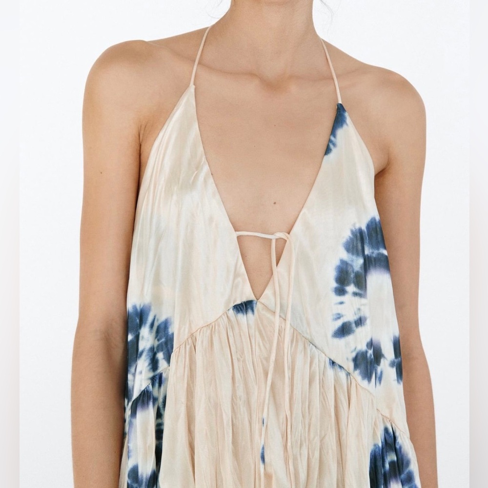 ZARA WRINKLE SATIN EFFECT MAXI LONG DRESS WHITE BLUE NWOT S - Picture 8 of 14